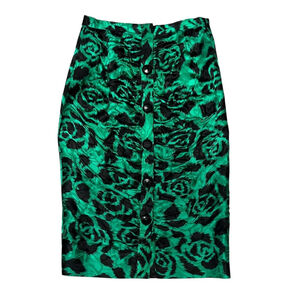Vintage Raul Blanco Green Silk Leopard Rose Print Ruched Pencil Skirt Size 4